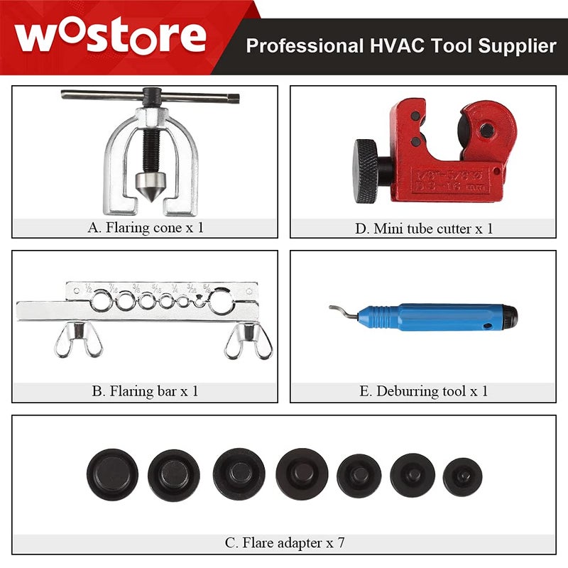 Wostore Double Flaring Tool Kit for 45Â° Single Double Flares with 7 Adapters, Brake Flare Tool with Tube Cutter Deburring Tool for Copper Brake Line, Hydraulic System, Copper Tubing Flare Kit - Image 2